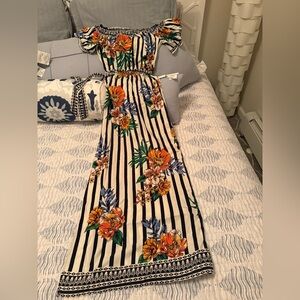 Off the shoulder  Floral Maxi Dress in White and Black with Orange Floral Print